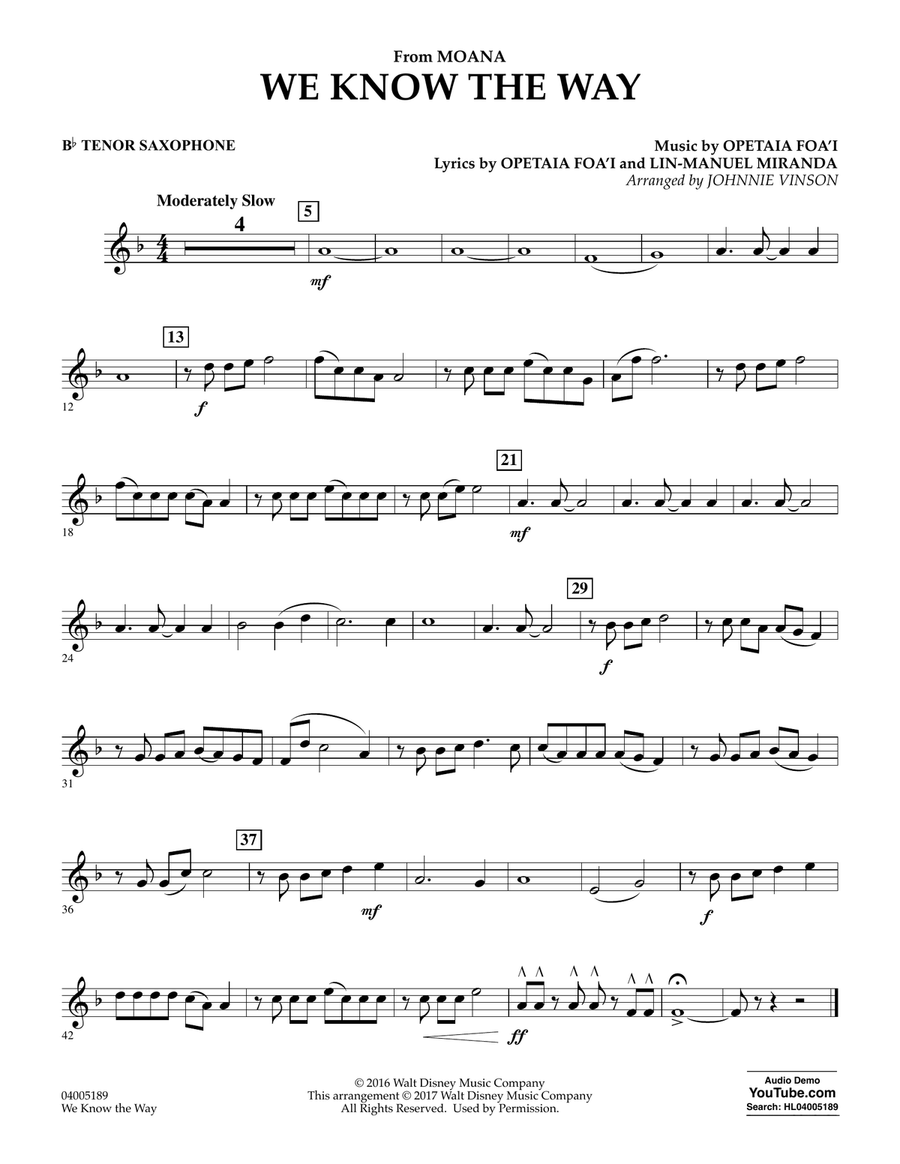 We Know the Way (from Moana) (arr. Johnnie Vinson) - Bb Tenor Saxophone Concert Band scores gallery preview page 1