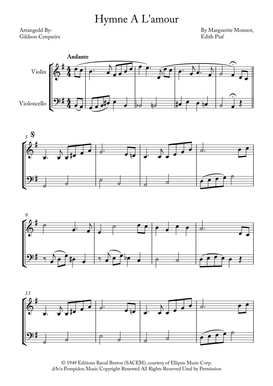 Hymne A L'amour String Duet scores gallery preview page 1