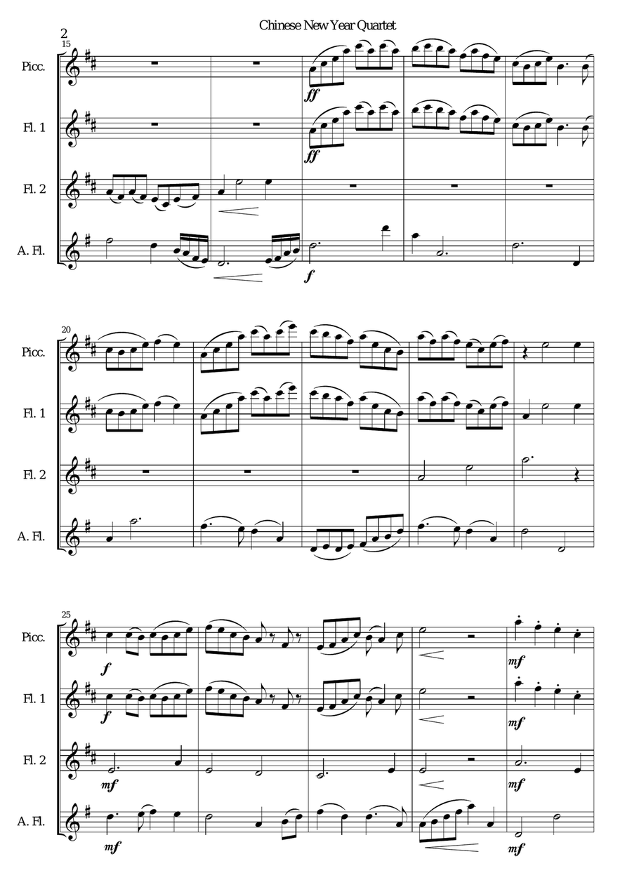 Chinese New Year Celebration for flute quartet (piccolo, 2 flutes, alto flute) Flute Quartet scores gallery preview page 2