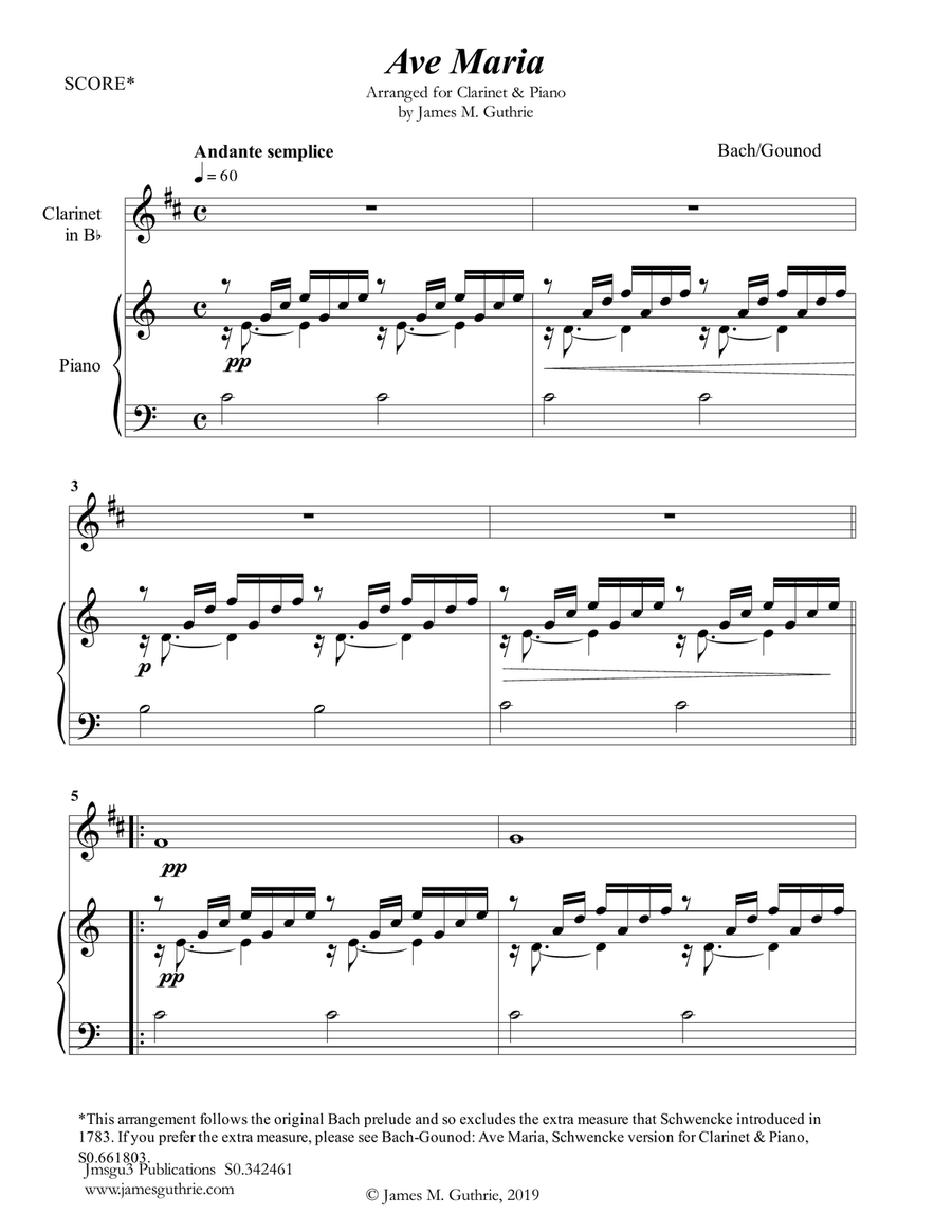 Bach-Gounod: Ave Maria for Clarinet & Piano B-Flat Clarinet scores gallery preview page 1