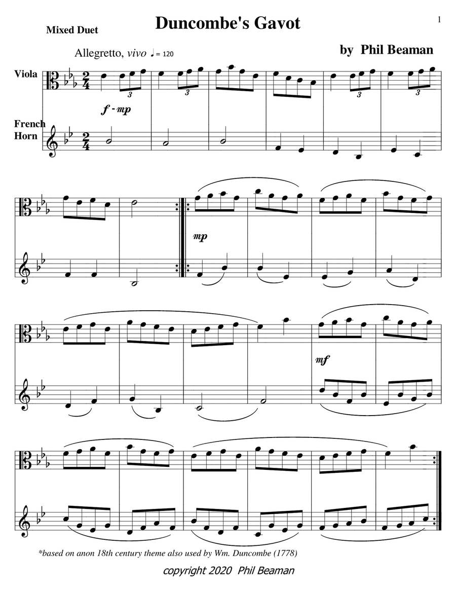 Duncombe's Gavot-mixed Duet 11-viola/french horn Horn scores gallery preview page 1