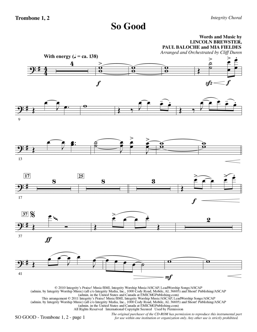 So Good - Trombone 1 & 2 So Good - Trombone 1 & 2 Choir scores gallery preview page 1