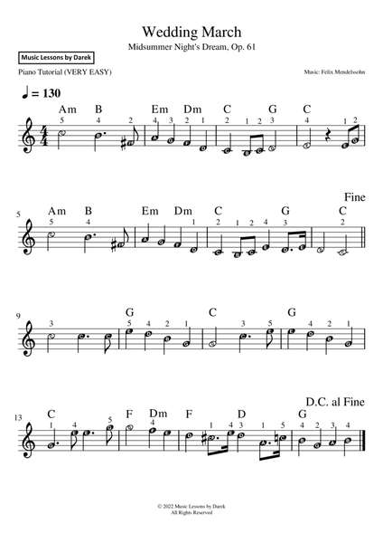 Wedding March (VERY EASY PIANO) Midsummer Night's Dream, Op. 61 [Felix Mendelssohn] image number null