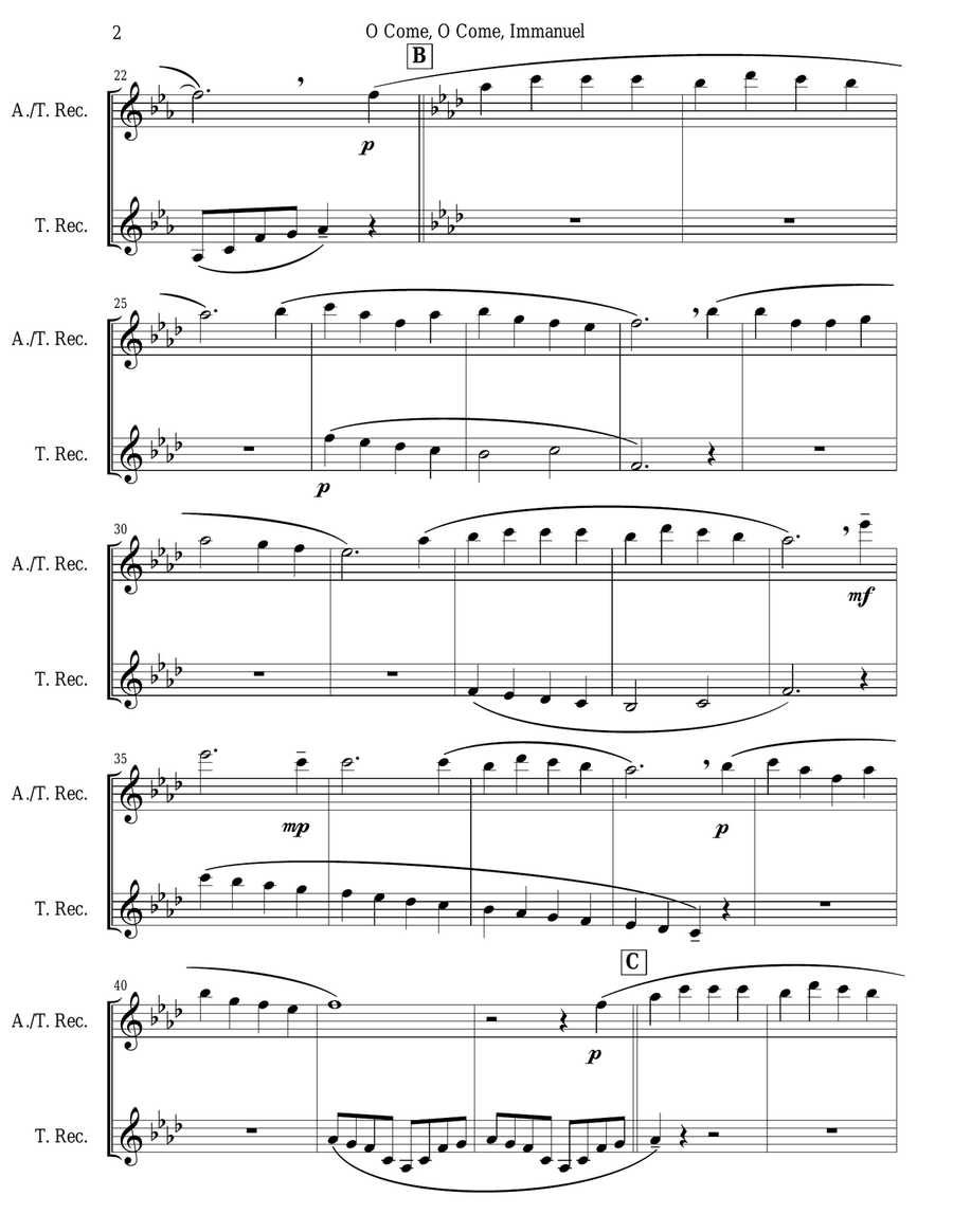 O Come, O Come, Immanuel (Emmanuel) - Recorder Duet (Cm-Fm) Woodwind Duet scores gallery preview page 2