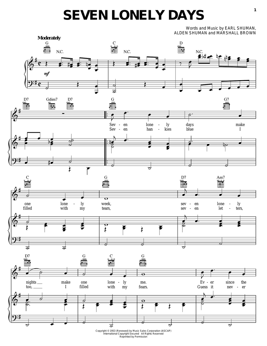 Seven Lonely Days Piano, Vocal, Guitar scores gallery preview page 1