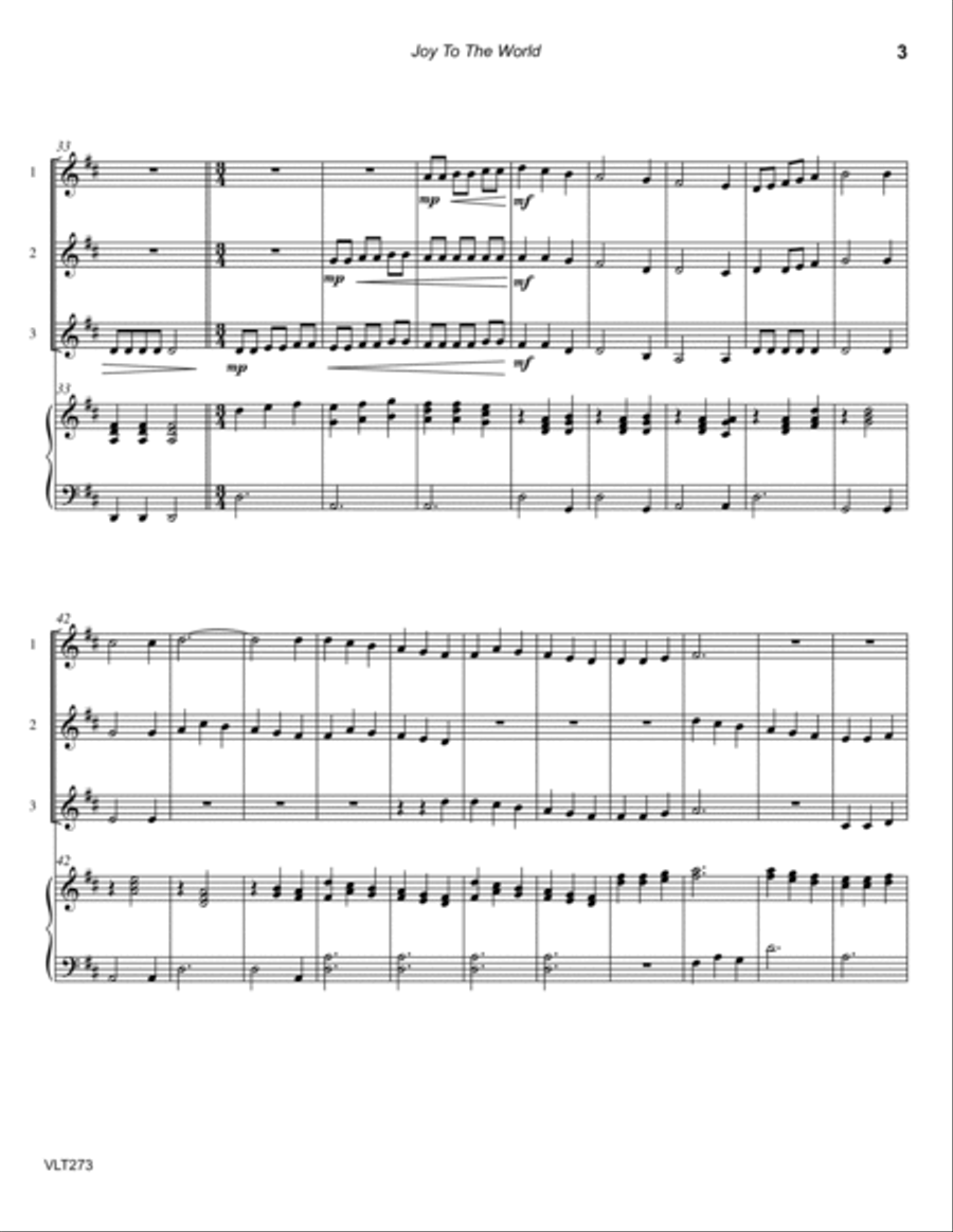 JOY TO THE WORLD - VIOLIN TRIO with optional Piano. Cello parts also included! Small Ensemble scores gallery preview page 3