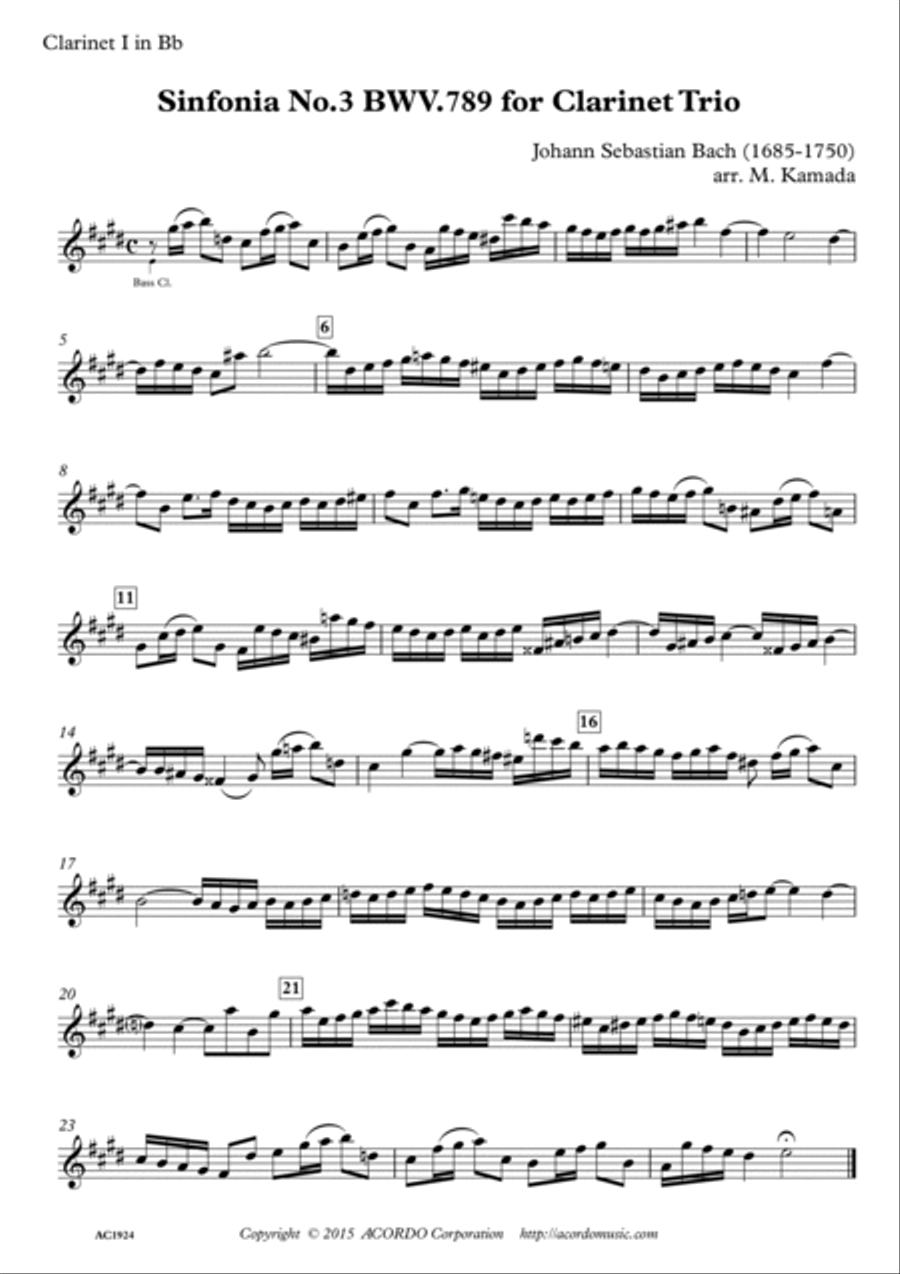 Sinfonia No.3 BWV.789 for Clarinet Trio Clarinet Trio scores gallery preview page 4