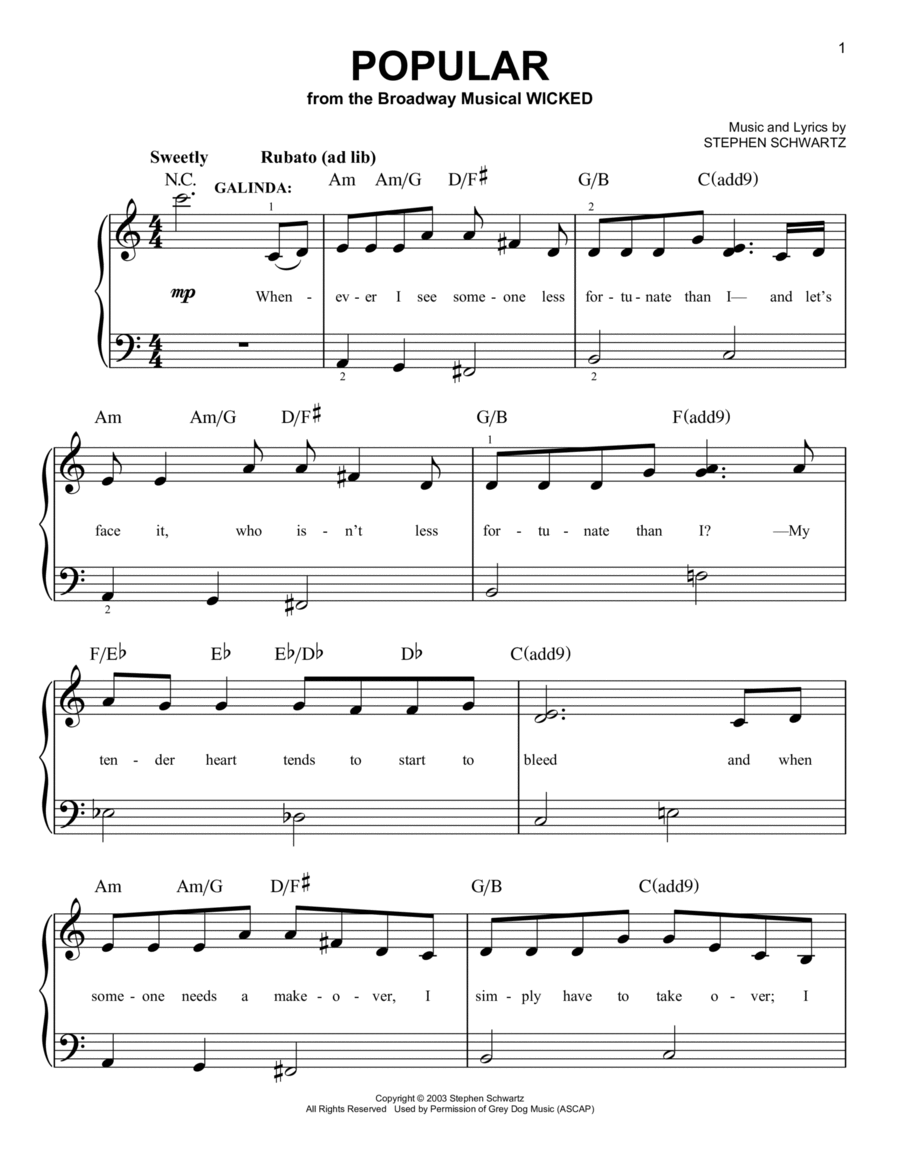 Popular (from Wicked) Easy Piano scores gallery preview page 1