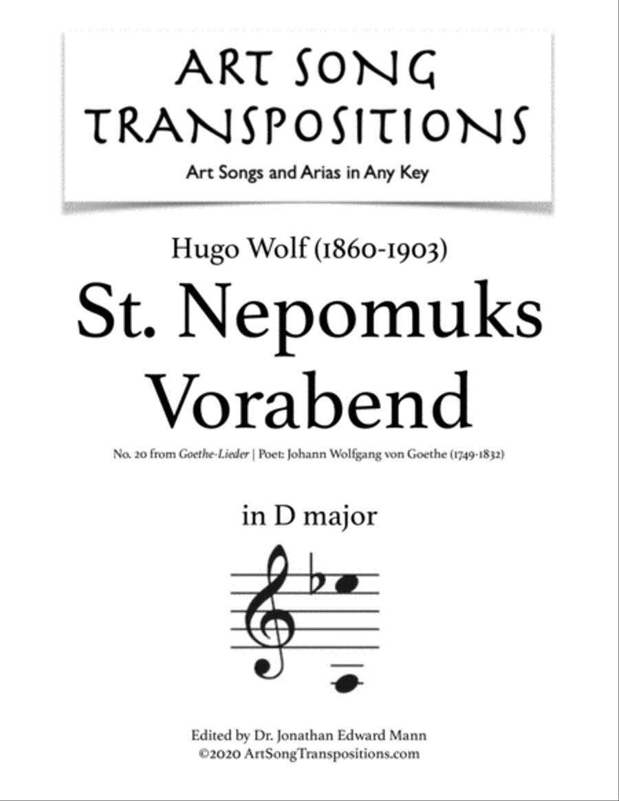 WOLF: St. Nepomuks Vorabend (transposed to D major) Voice scores gallery preview page 1