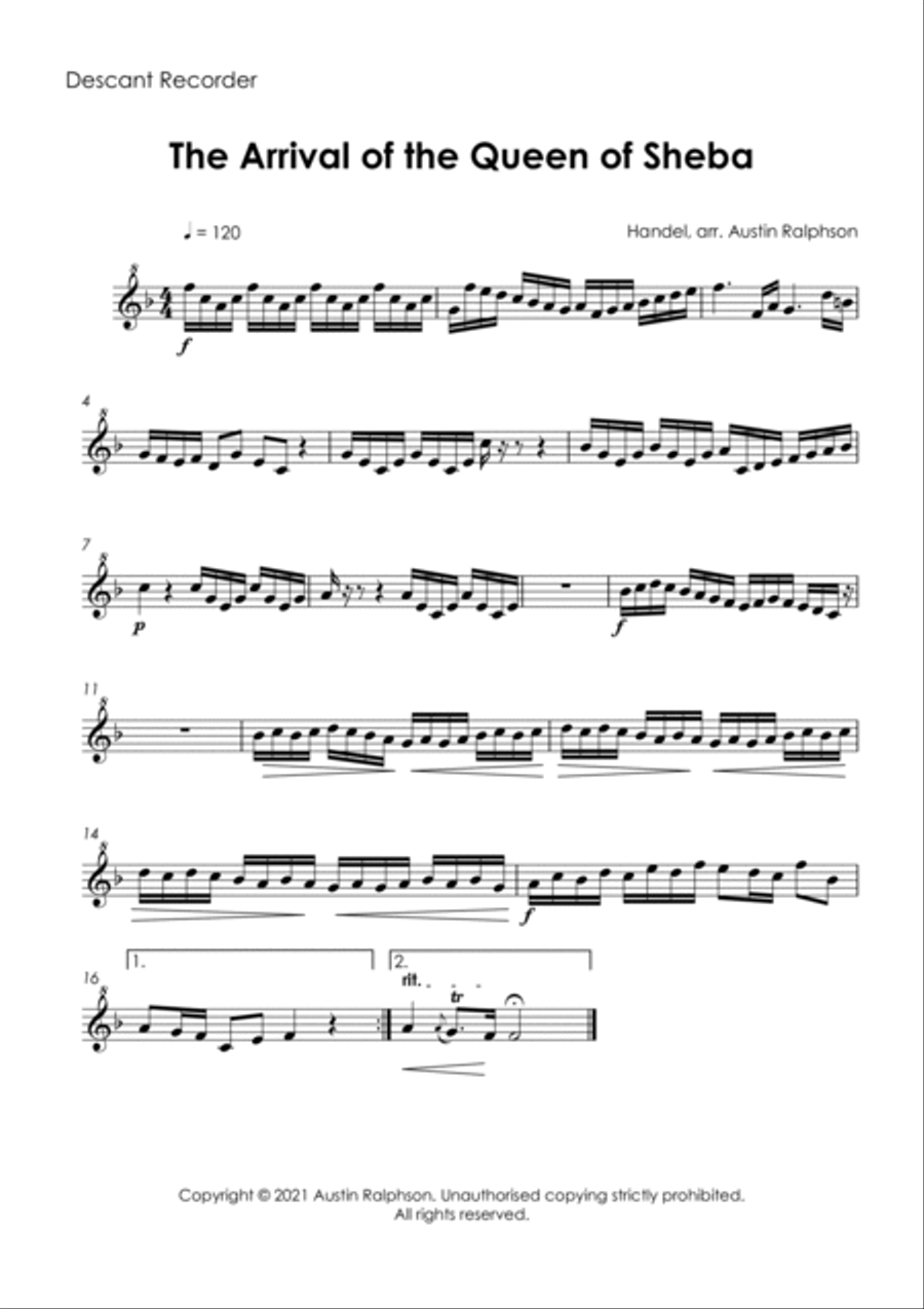The Arrival of the Queen of Sheba - recorder quartet Soprano Recorder scores gallery preview page 3