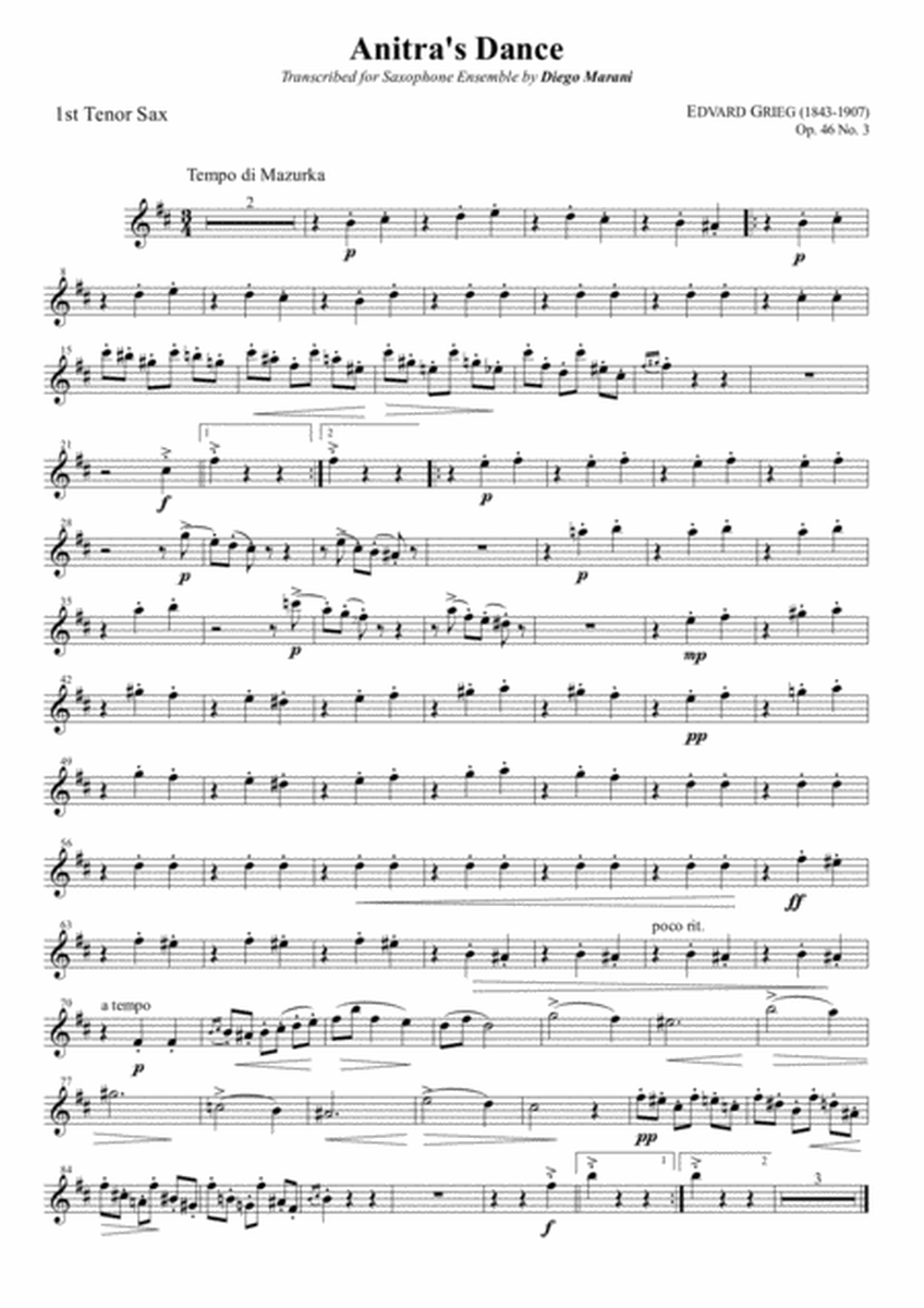Peer Gynt Suite Op. 46 No. 1 for Saxophone Ensemble - Tenor Sax 1