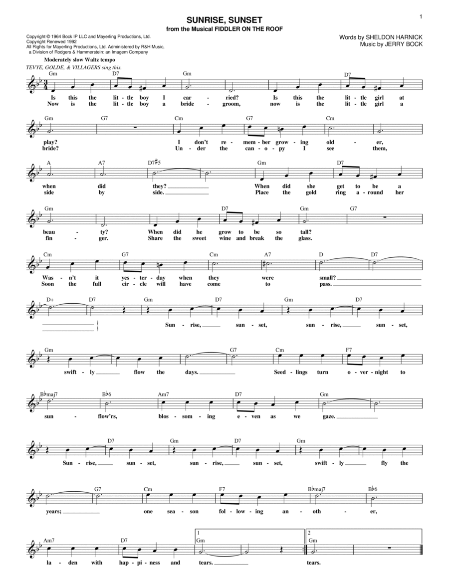 Sunrise, Sunset (from Fiddler On The Roof) Voice scores gallery preview page 1