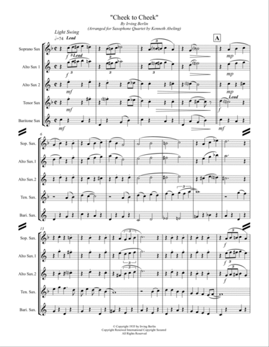 Cheek To Cheek Saxophone Quintet scores gallery preview page 2