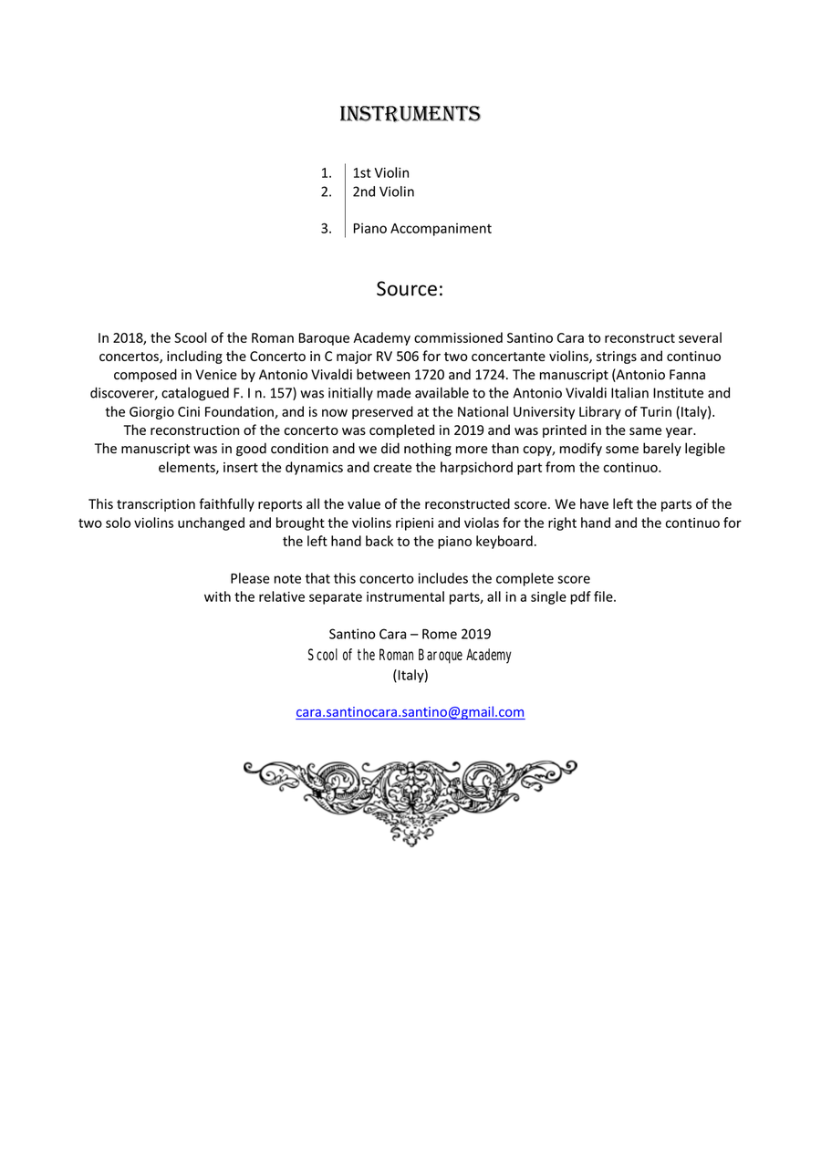 Vivaldi - Double Violin Concerto in C major RV 506 for Two Violins and Piano String Duet scores gallery preview page 2