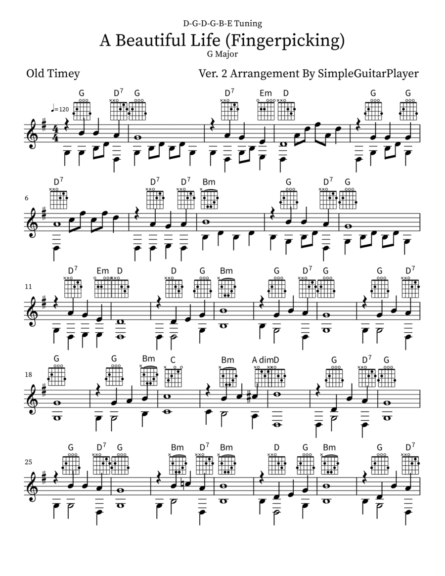 A Beautiful Life (Fingerpicking. D-G-D-G-B-E Tuning. Acoustic Guitar scores gallery preview page 1