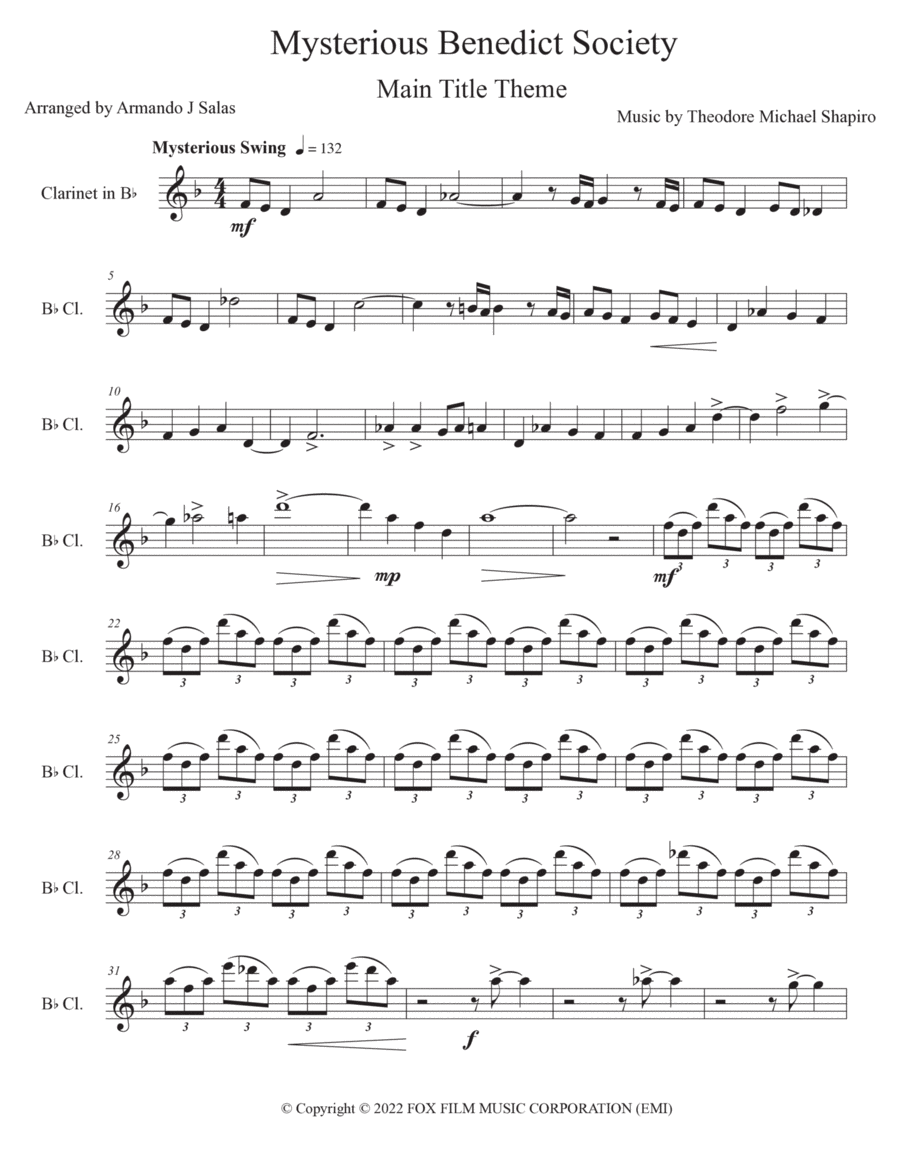 The Mysterious Benedict Society Main Title Theme B-Flat Clarinet scores gallery preview page 1