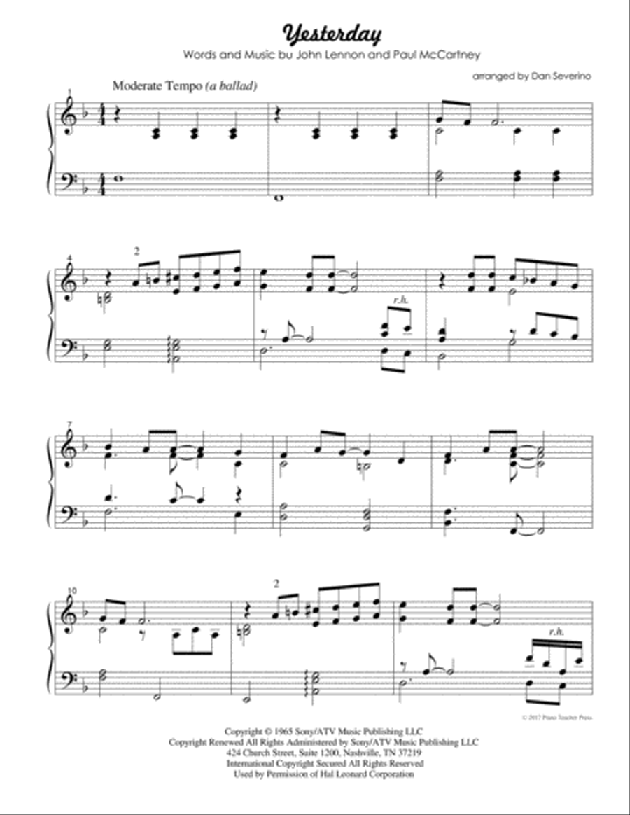 Yesterday Easy Piano scores gallery preview page 2
