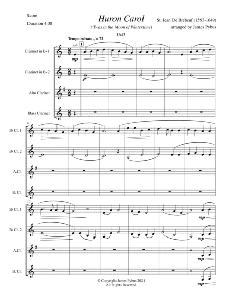 Huron Carol ('Twas in the Moon of Wintertime) (clarinet quartet arrangement) image number null
