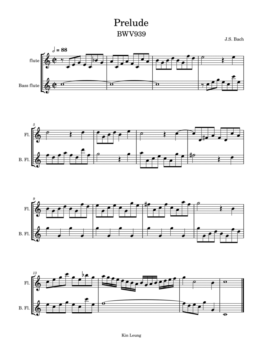 Prelude BWV 939 for flute and bass flute duet image number null