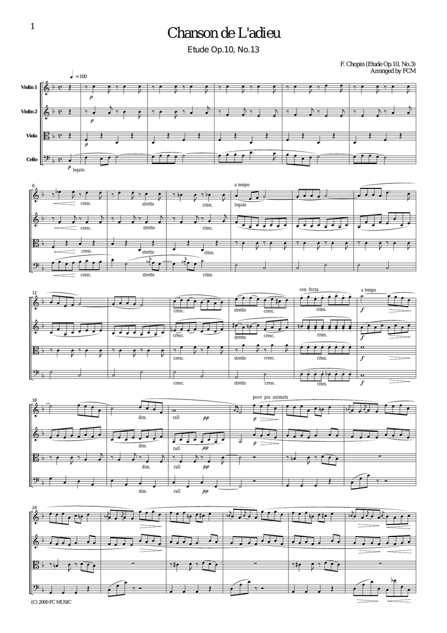 Chopin Chanson De L'adieu (Etude Op.10, No.3), for string quartet, CC001 String Quartet scores gallery preview page 1
