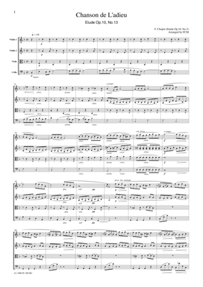 Book cover for Chopin Chanson De L'adieu (Etude Op.10, No.3), for string quartet, CC001