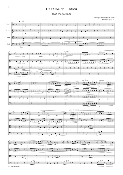 Chopin Chanson De L'adieu (Etude Op.10, No.3), for string quartet, CC001 image number null