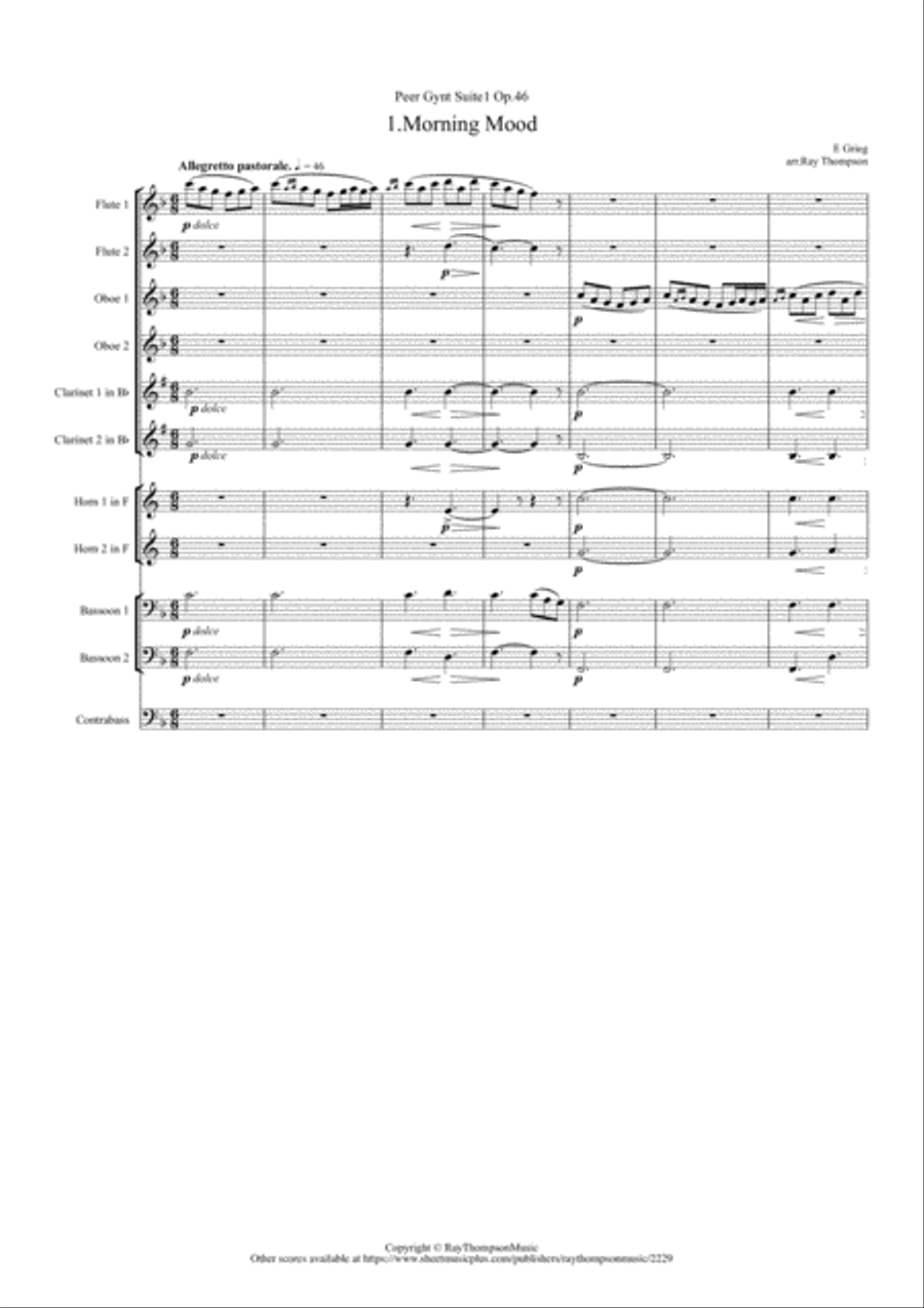 Grieg: Peer Gynt Suite No.1 Op.46 Mvt.1 Morning Mood (Transposed Key) - symphonic wind ensemble Woodwind Quintet scores gallery preview page 1