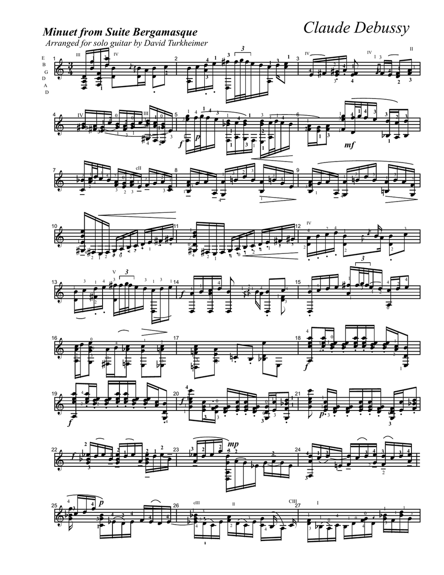 Debussy Minuet from Suite Bergamasque for classical guitar by Claude Debussy Acoustic Guitar - Digital Sheet Music
