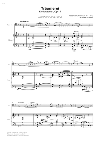 Traumerei by Schumann - Trombone and Piano (Full Score and Parts) image number null