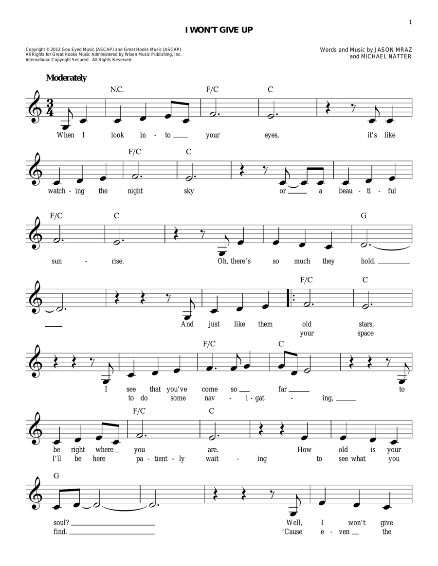 I Won't Give Up Piano scores gallery preview page 1