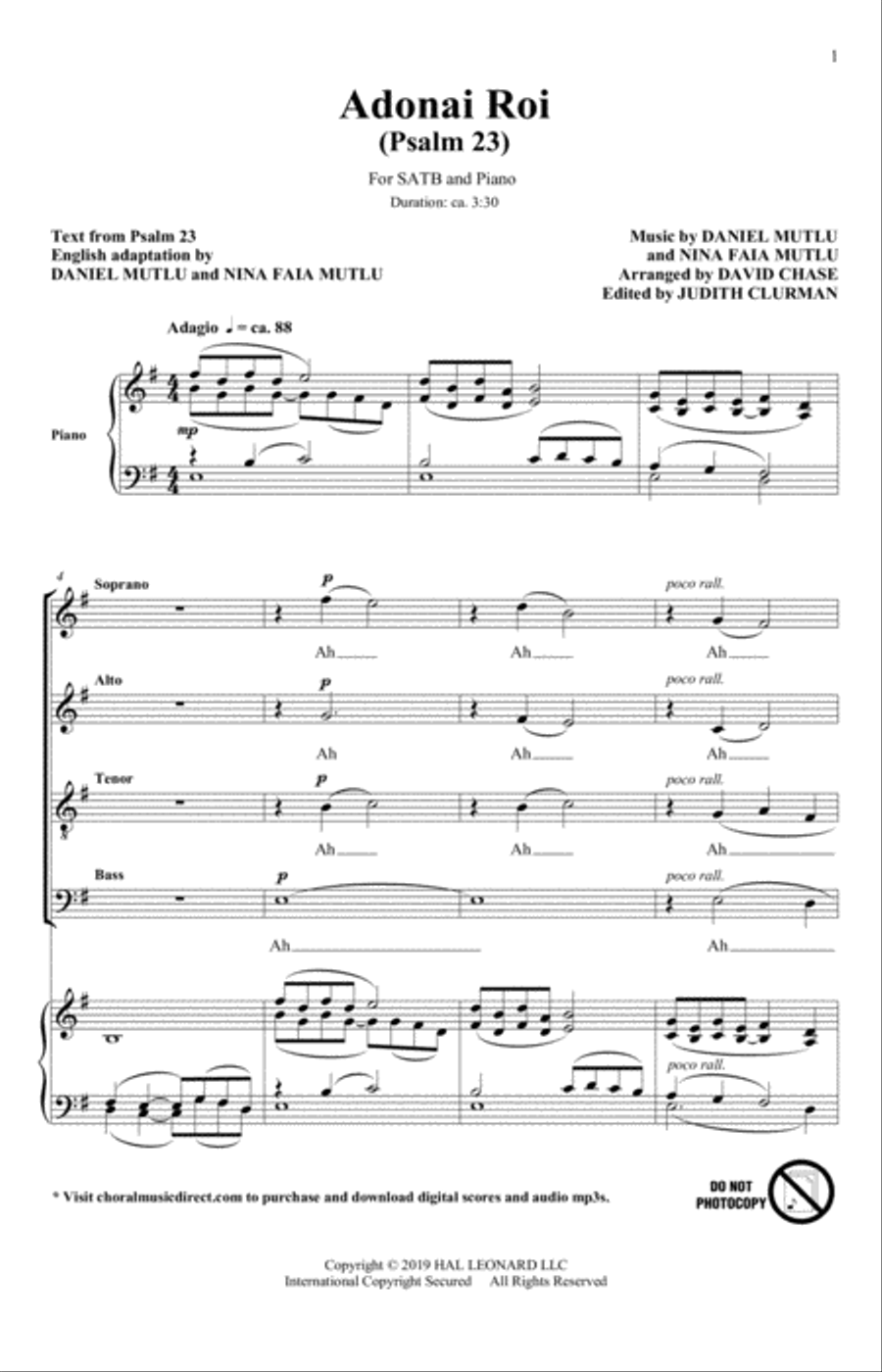 Adonai Roi (Psalm 23) (Rejoice: Honoring the Jewish Spirit) (arr. David Chase) 4-Part scores gallery preview page 1