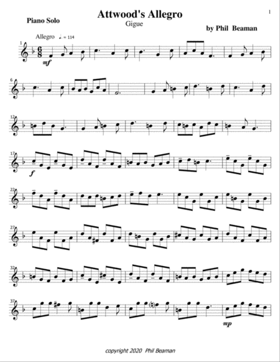 Attwood's Allegro-gigue-piano solo Piano Method scores gallery preview page 1