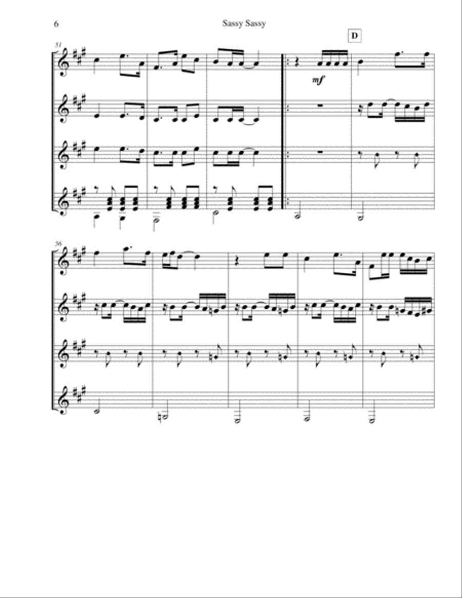 Sassy Sassy for guitar quartet/ Sassy Sassy para cuarteto de guitarras/ Mario Londono Guitar Ensemble scores gallery preview page 6