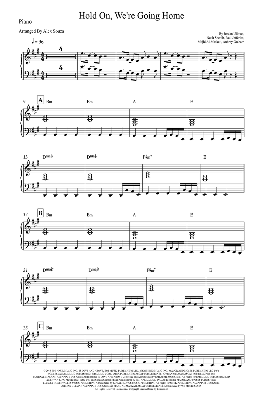 Hold On, We're Going Home Easy Piano scores gallery preview page 1