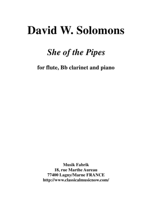 Book cover for David Warin Solomons: She of the Pipes for flute, Bb clarinet and piano