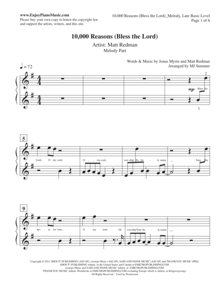 10,000 Reasons (Bless the Lord): Piano Duet of Unequal Part for One Piano Four Hands 