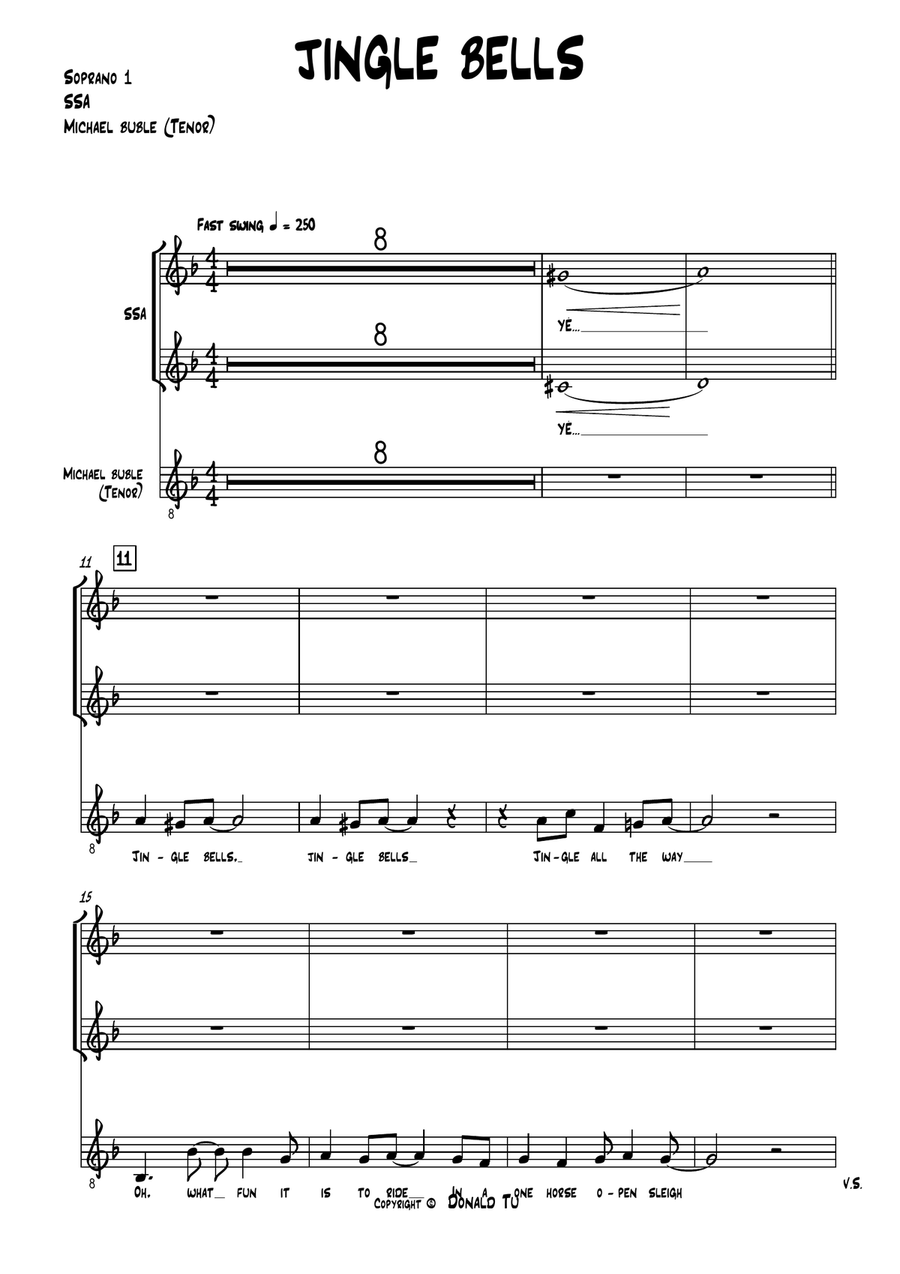Michael Bublé - Jingle Bells (ft. The Puppini Sisters) - for SSA and Tenor solo SSA scores gallery preview page 1