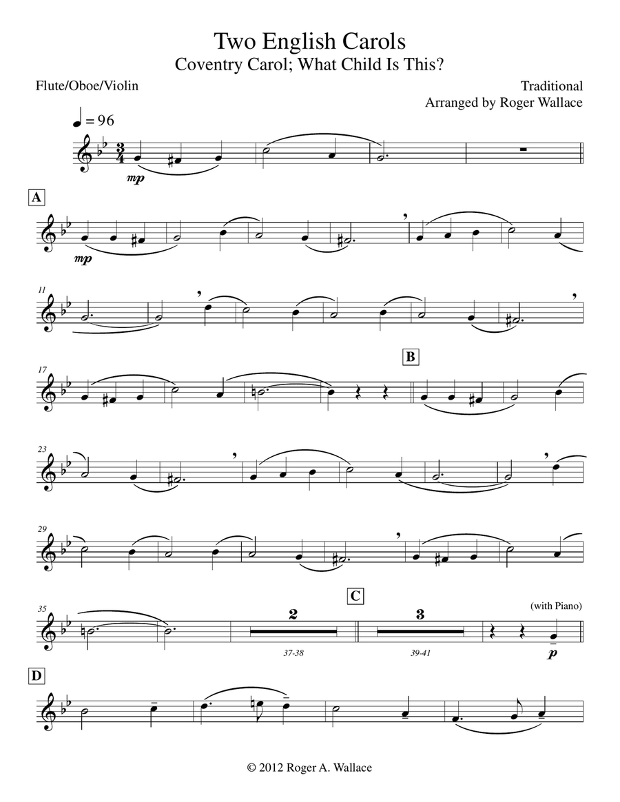 Two English Carols (Coventry Carol; What Child Is This?) Violin & Piano Violin Solo scores gallery preview page 1