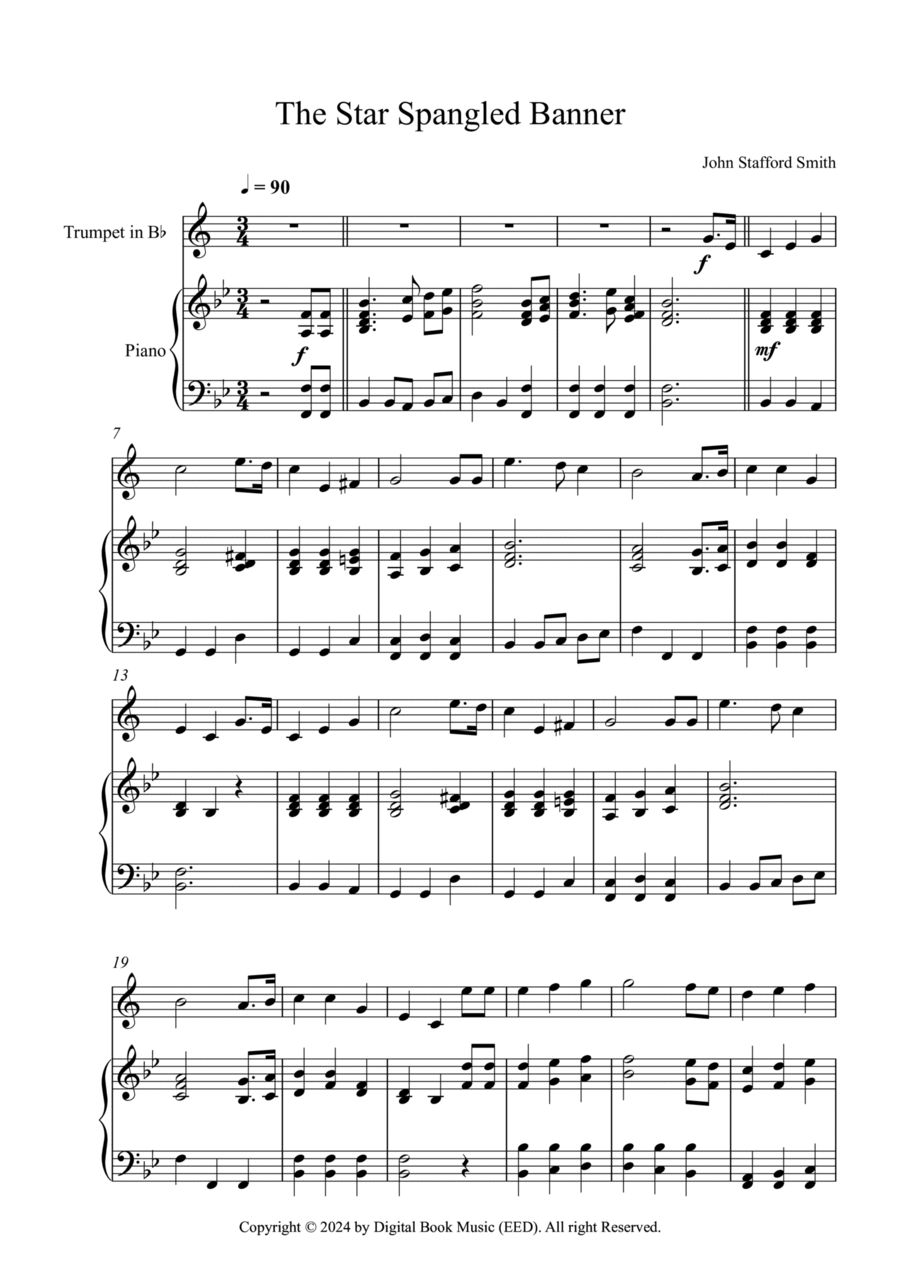 The Star Spangled Banner - John Stafford Smith (Trumpet + Piano) B-Flat Trumpet scores gallery preview page 1