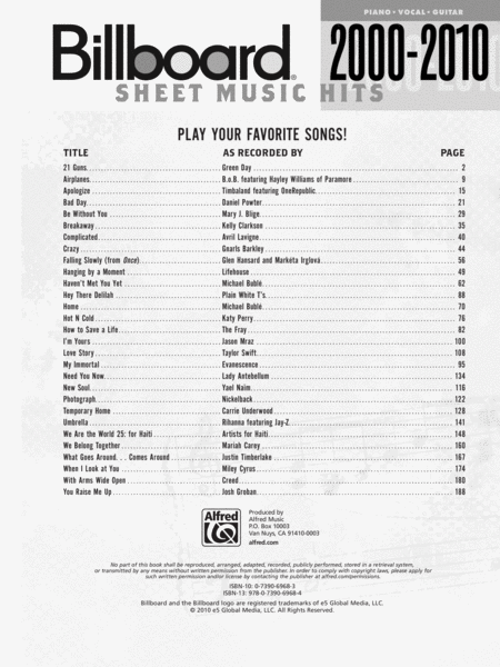 Billboard Sheet Music Hits 2000-2010