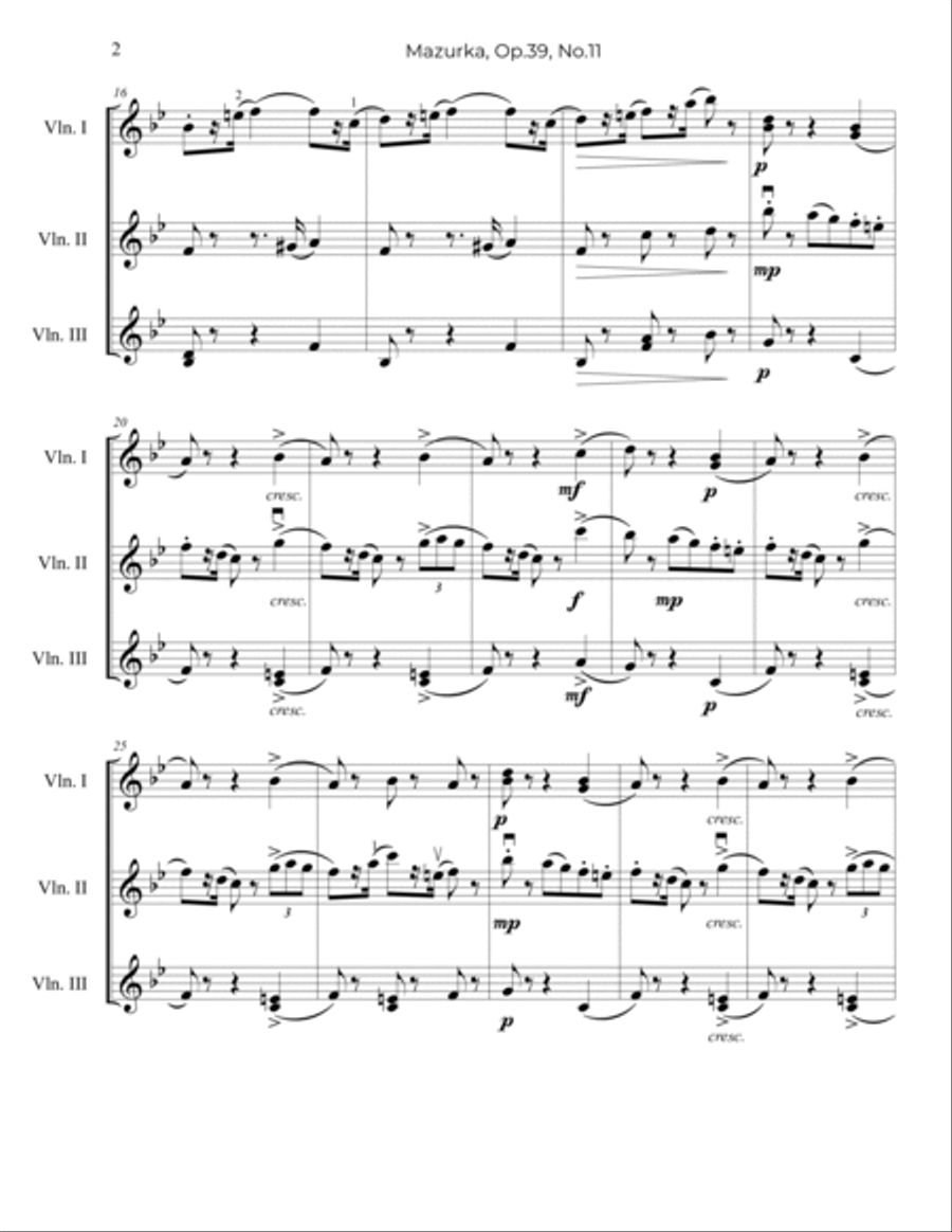 Tchaikovsky: Mazurka, Op.39, No.11 - for Violin Trio (Violin Choir) Choir scores gallery preview page 3