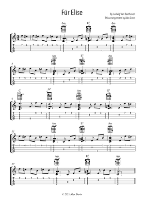 Fur Elise - Beethoven - Ukulele solo TAB Tablature with chord boxes
