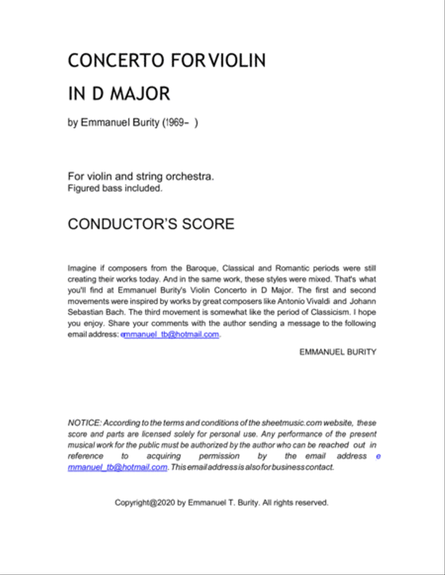 Concerto for Violin in D Major by Emmanuel Burity (1969- ) String Orchestra scores gallery preview page 2