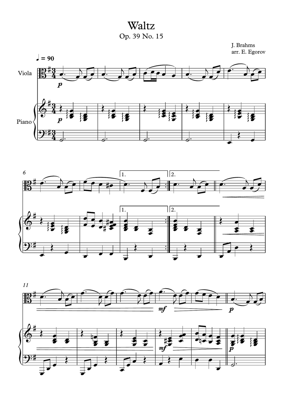 Waltz (Op. 39 No. 15), Johannes Brahms, For Viola & Piano Viola scores gallery preview page 1