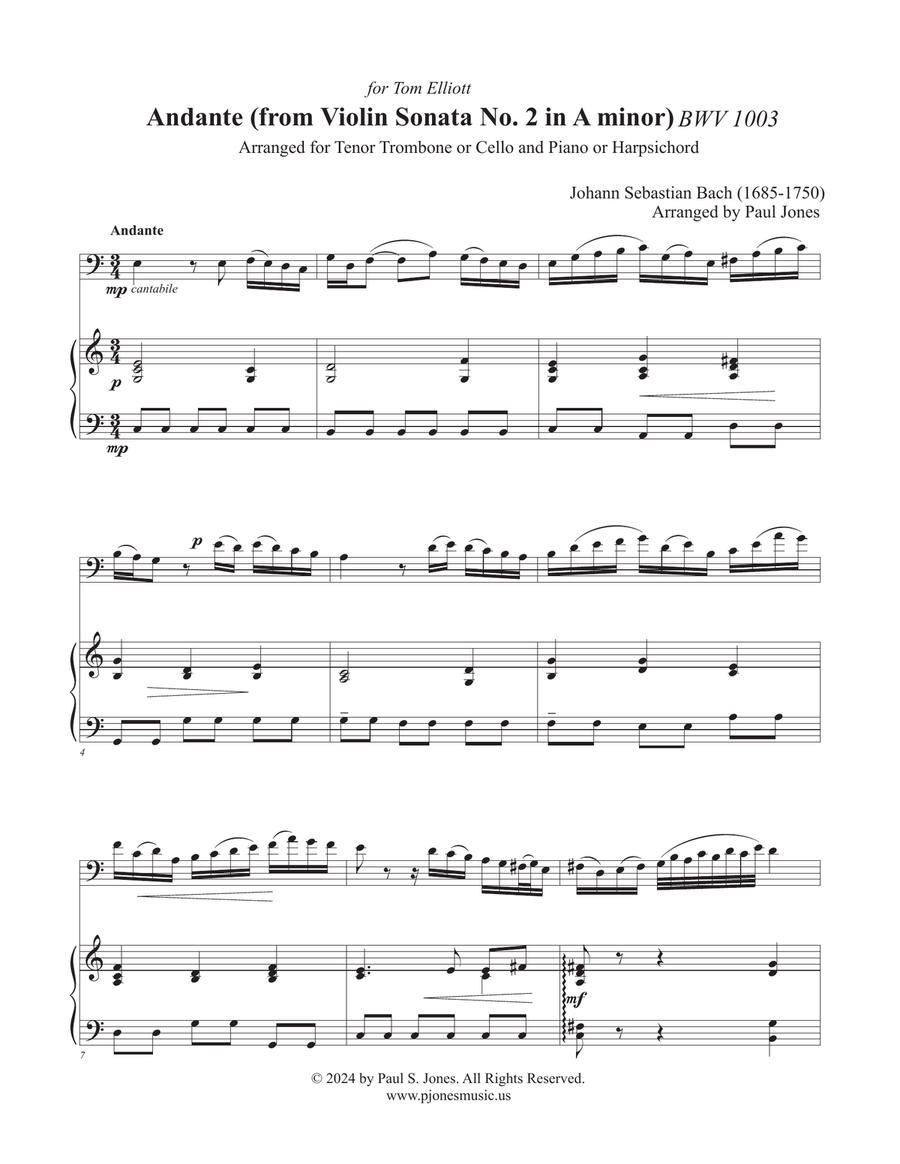 Andante from Violin Sonata No. 2 (Bach) [Trombone, Cello or Bassoon] Bassoon scores gallery preview page 1
