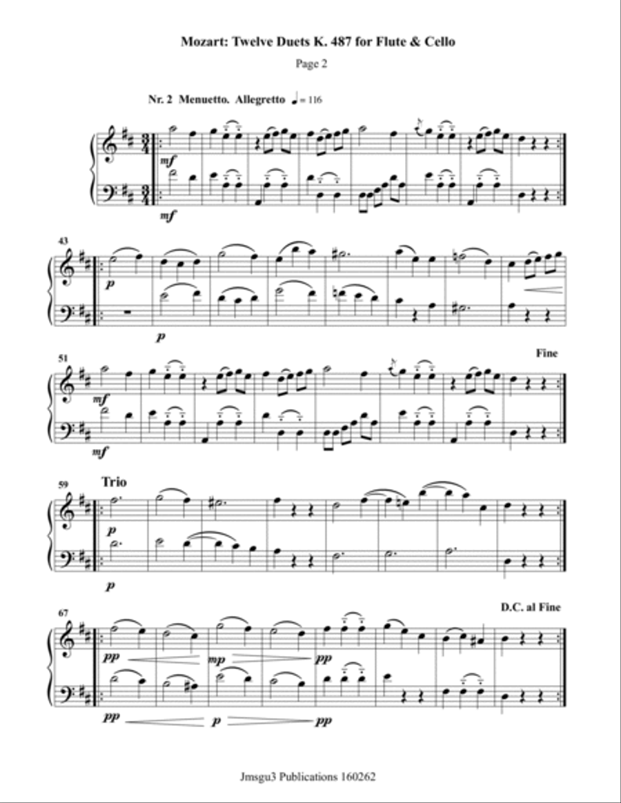 Mozart: Twelve Duets K. 487 for Flute & Cello Flute scores gallery preview page 2