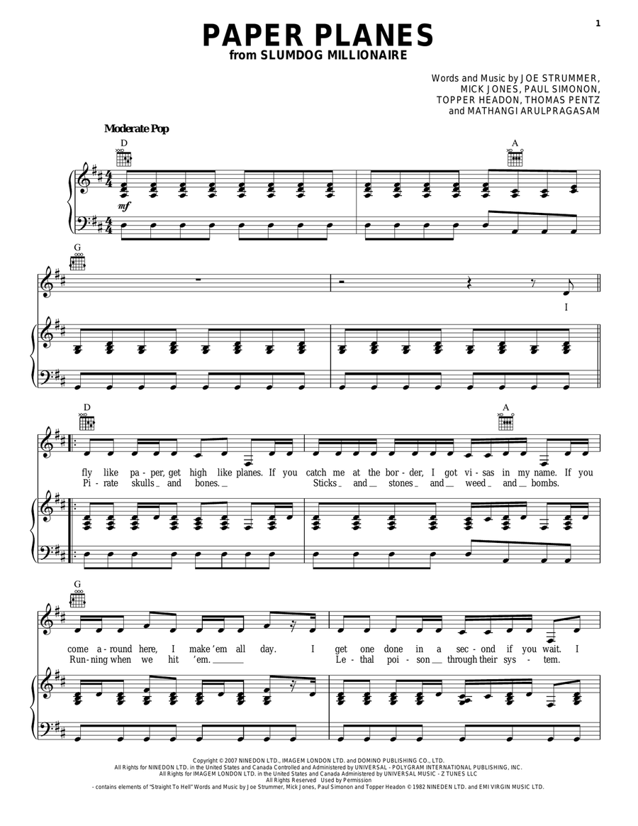 Paper Planes Paper Planes Piano, Vocal, Guitar scores gallery preview page 1