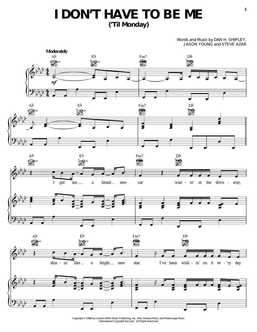 I Don't Have To Be Me ('Til Monday) Piano, Vocal, Guitar scores gallery preview page 1