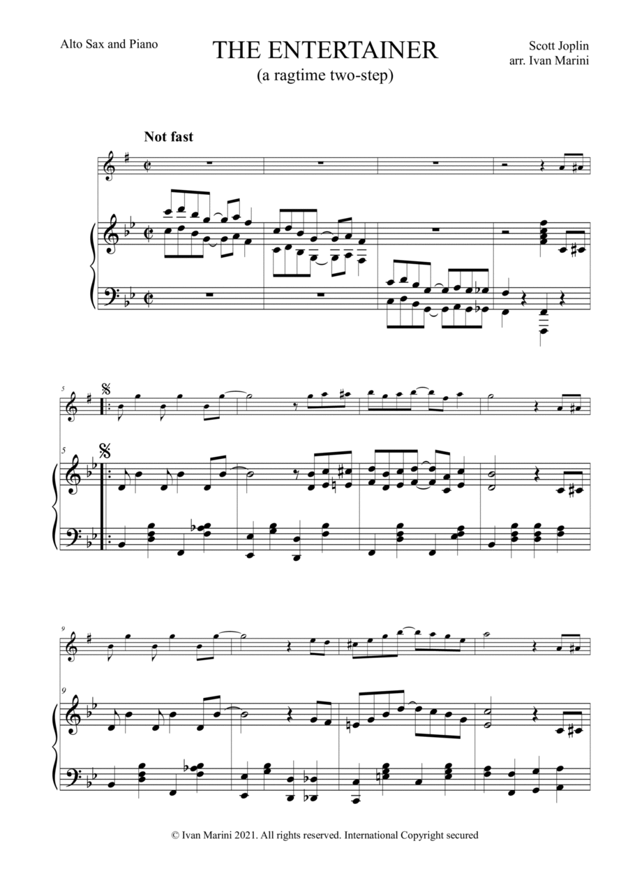 THE ENTERTAINER (a ragtime two-step) - easy version for Alto Sax and Piano Alto Saxophone scores gallery preview page 1
