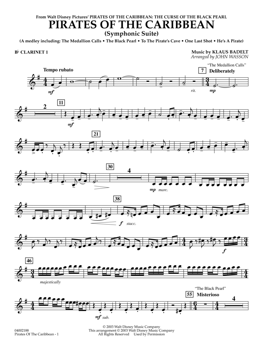 Pirates Of The Caribbean (Symphonic Suite) (arr. John Wasson) - Bb Clarinet 1 B-Flat Clarinet scores gallery preview page 1
